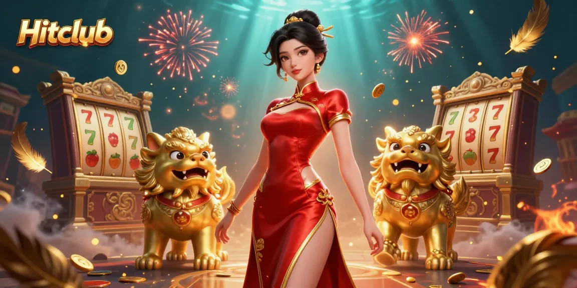 Engage with Hitclub’s slot games amidst a stunning casino backdrop and festive decorations.