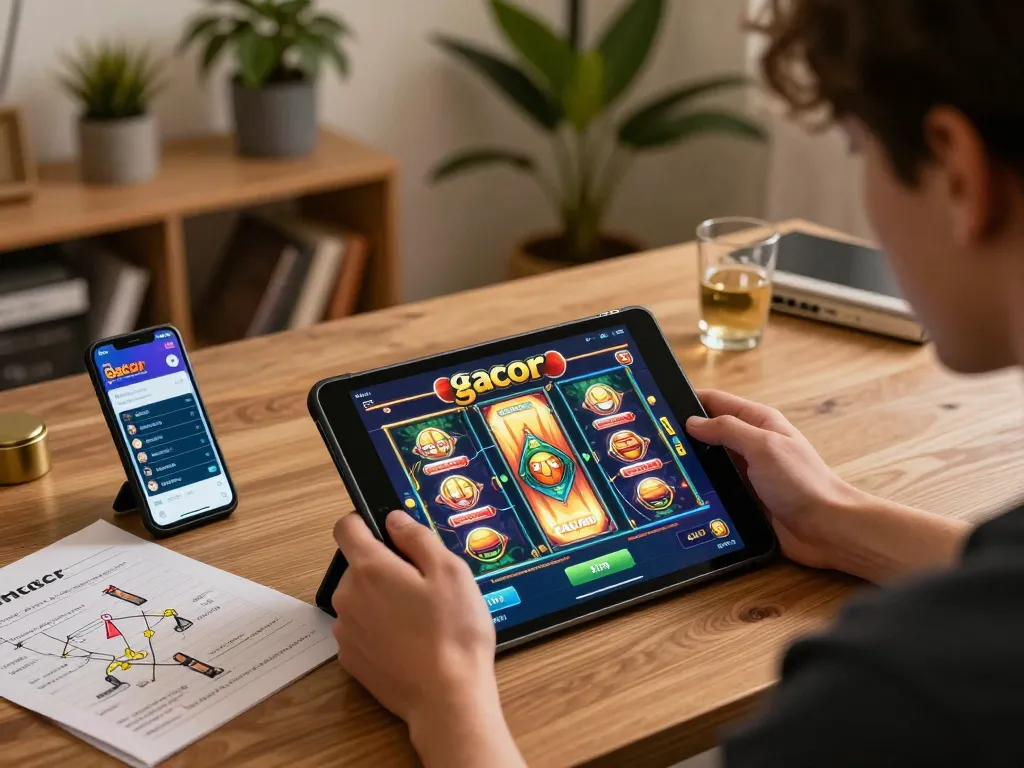 Engaging in slot online gacor gameplay on a tablet in a cozy setting.