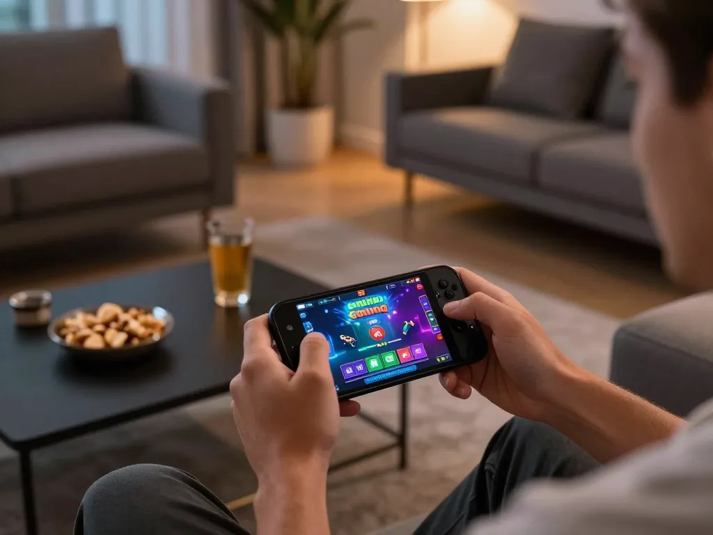 Bergabung dalam aplikasi permainan seluler emaqq di rumah, menampilkan tangan di smartphone dengan grafik kasino