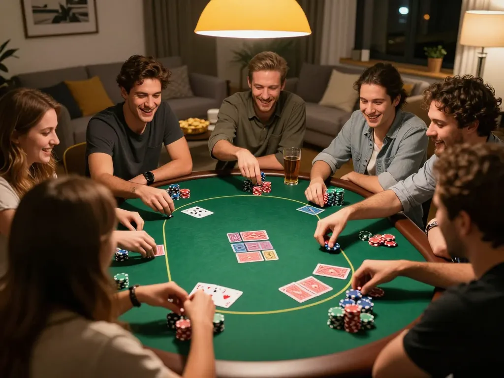 Socolive home poker night capturing players immersed in the game with chips and cards