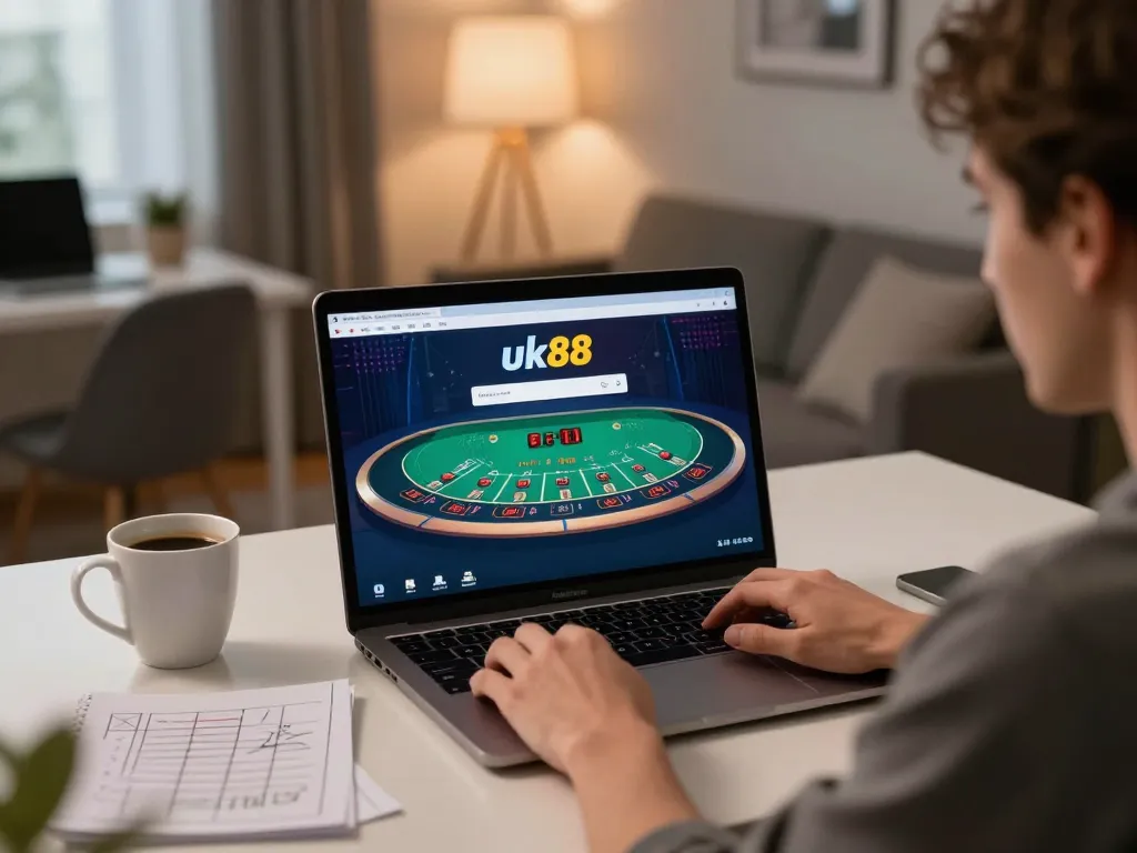 Engaging in online blackjack with the uk88 link on a laptop, showcasing responsible gaming