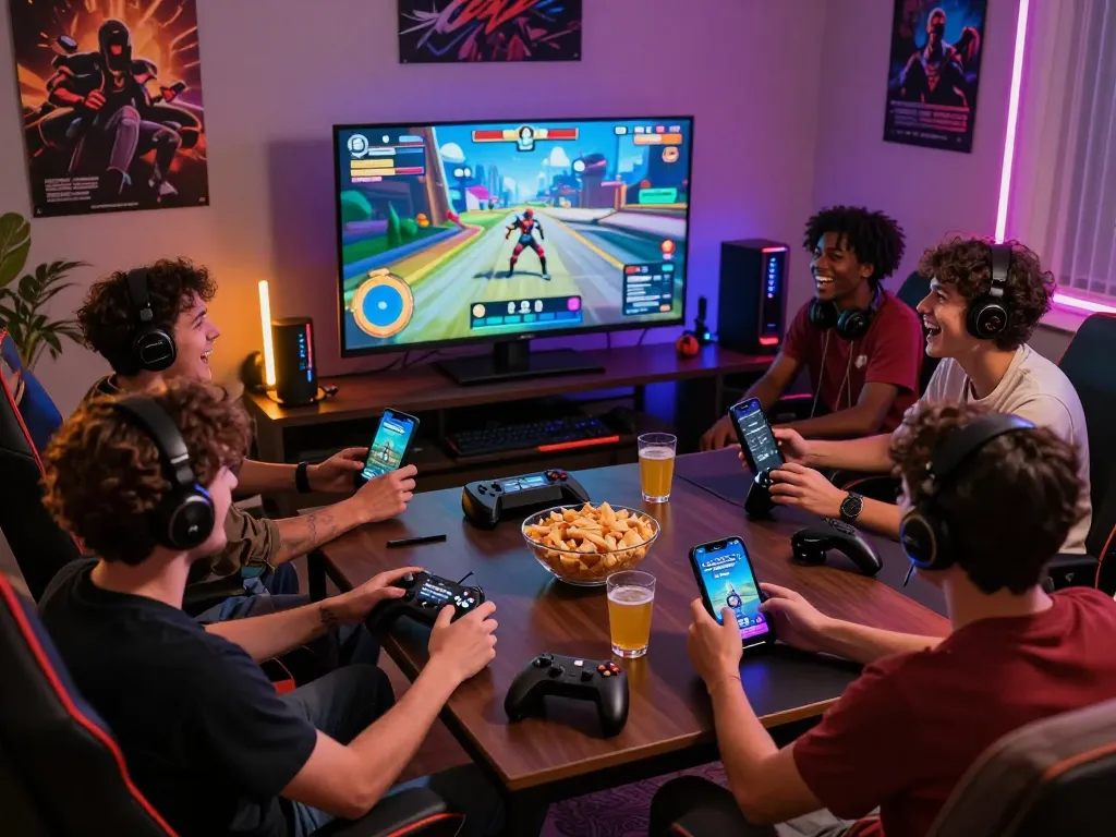 Exciting gaming scene featuring friends playing interactive porngames in a vibrant setting with snacks and colorful lighting.