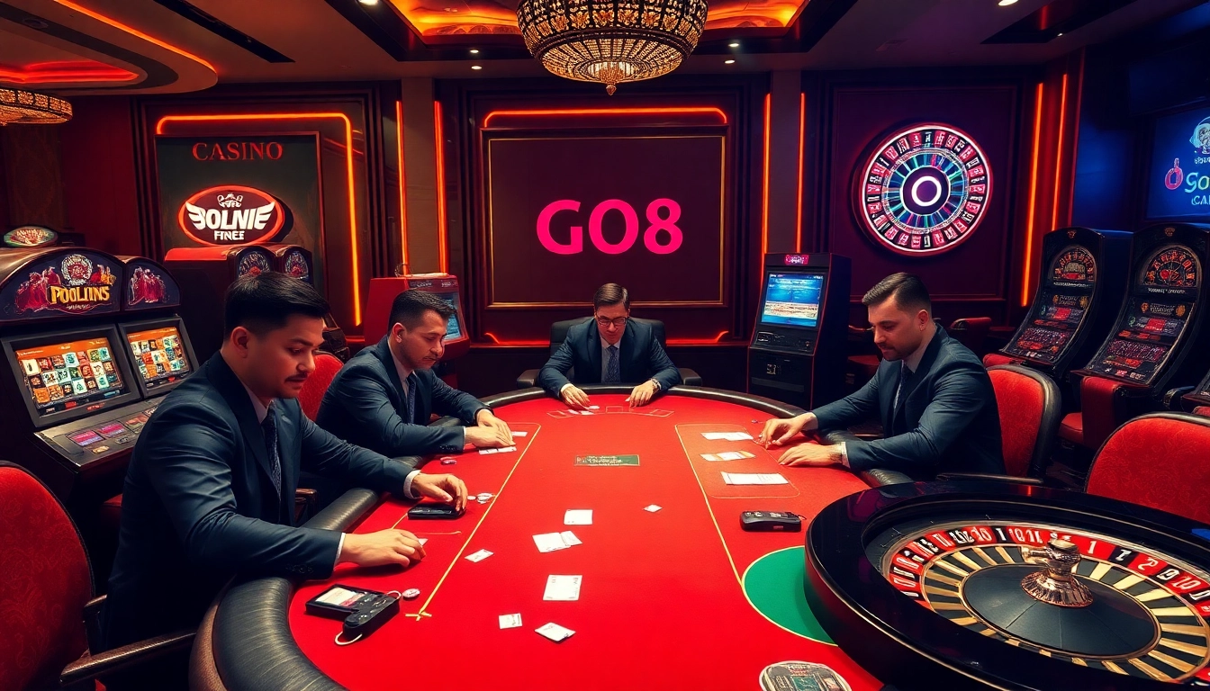 Players engage at a luxurious poker table in a vibrant casino setting, embodying the GO8 excitement.