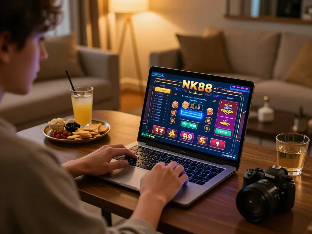 Engaging with the NK88 casino interface from a cozy home gaming setup.