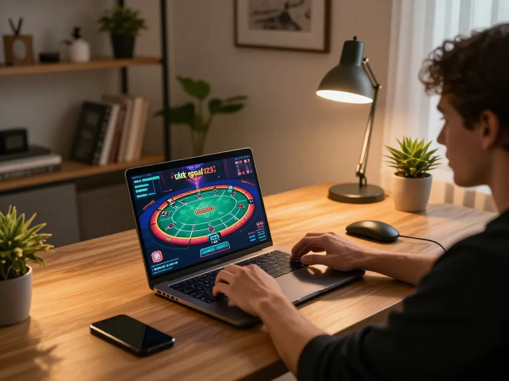 Engaged player enjoying poker at nhà cái goal123 during a cozy home gaming session