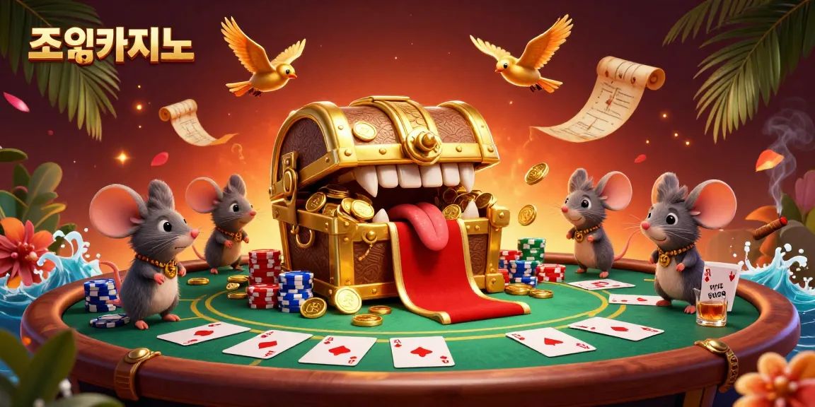 Experience the thrill of 조이카지노 with an enticing treasure chest surrounded by vibrant poker elements.
