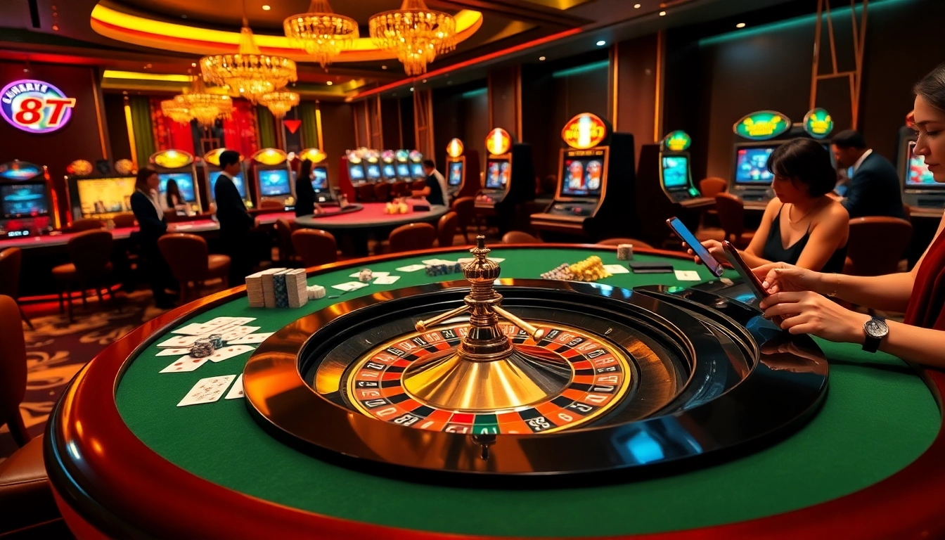 Engaging in Taruhan Bola at a vibrant casino, showcasing roulette, poker chips, and online betting.