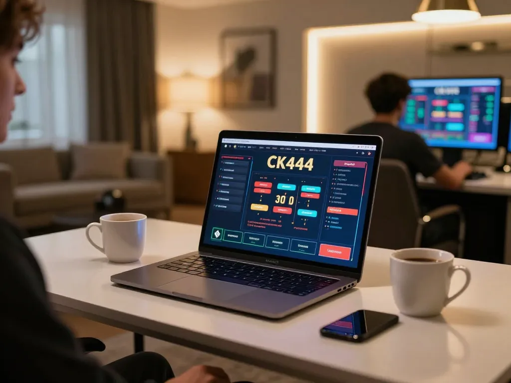 Experience CK444's online gaming thrills with a comfortable home setup, showcasing slots and poker.
