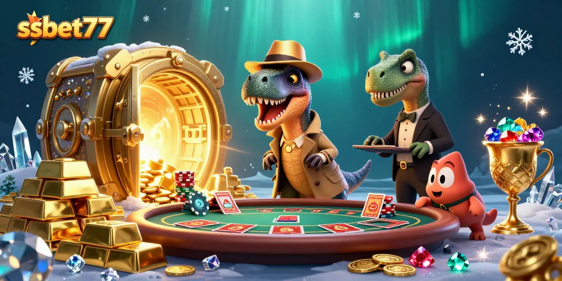 Win big at ssbet77 with a thrilling casino scene featuring velociraptor card counters and treasure.