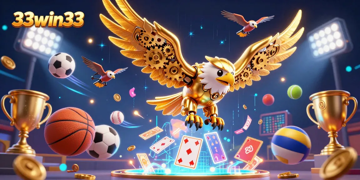 33win33 showcases a vibrant 3D casino scene with a golden eagle diving through playing cards, surrounded by sports elements.