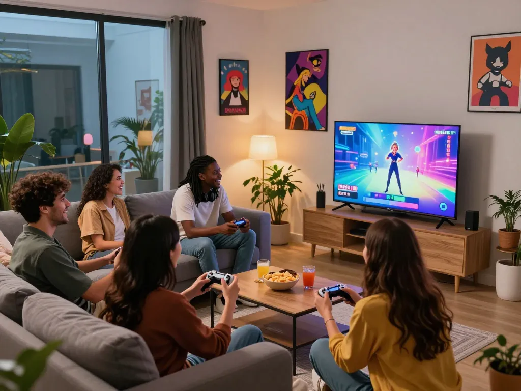 Group of friends enjoying sex games together in a modern living room setting.