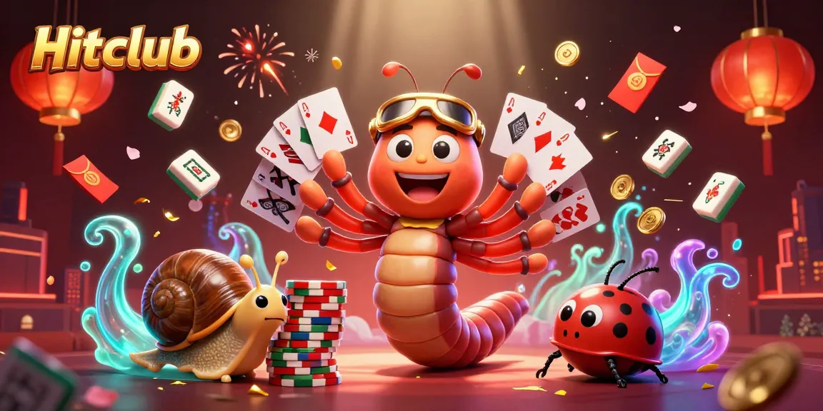 Join the fun at Hitclub, where a millipede dealer fascinates with cards amid glowing casino elements.