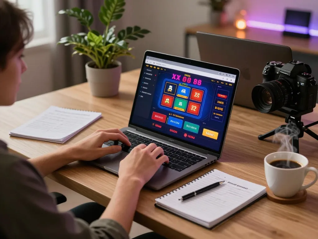 Engaging xx 88 online gaming scene with a player using a laptop and strategic notes.