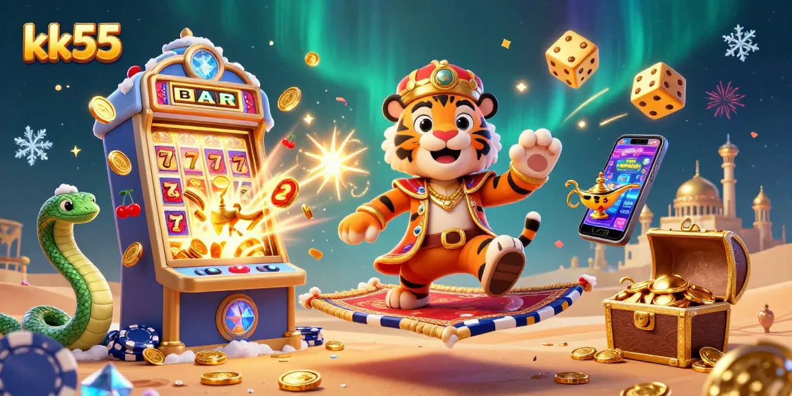 kk55 showcases an exciting casino scene with a sultan and a burst of slot machine symbols.