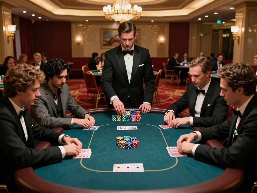 dn88 players engaged in an intense poker game with colorful chips and professional dealer in a luxury casino