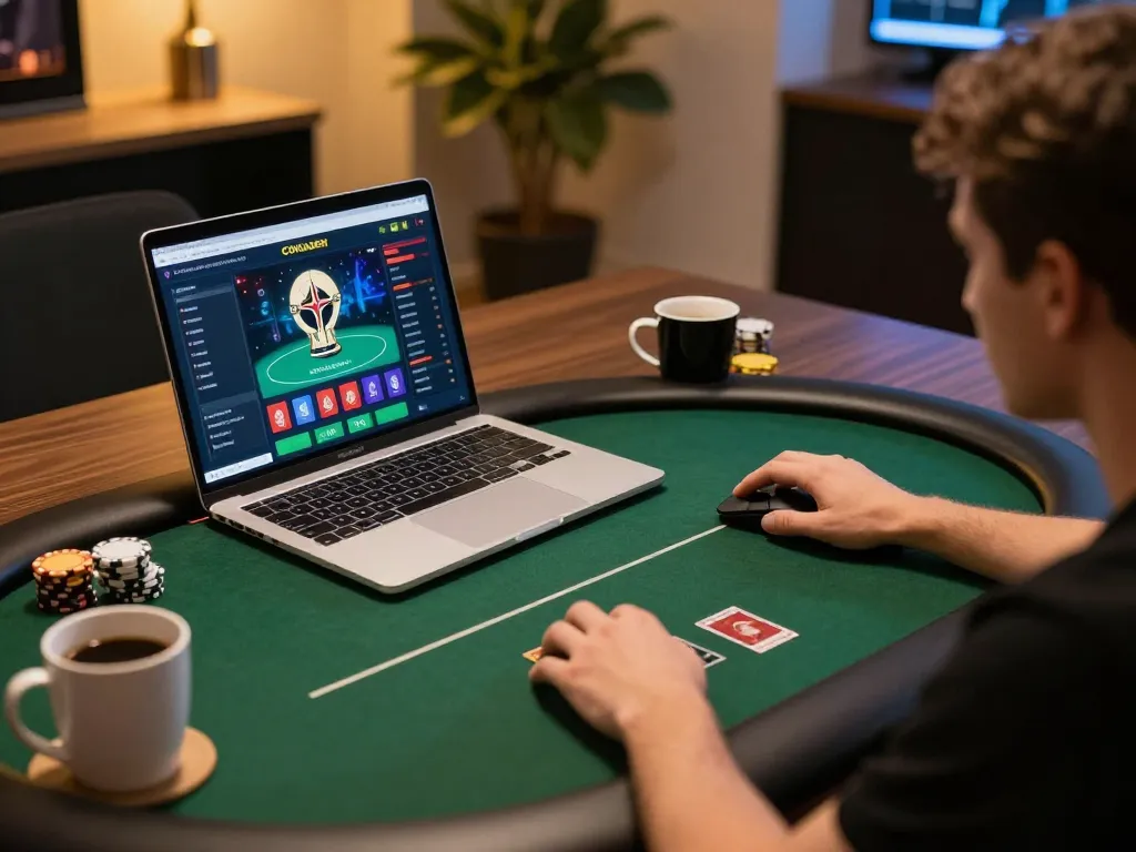 Players enjoy competitive action on the CONGADEN platform during online poker session, showcasing a cozy gaming setup.