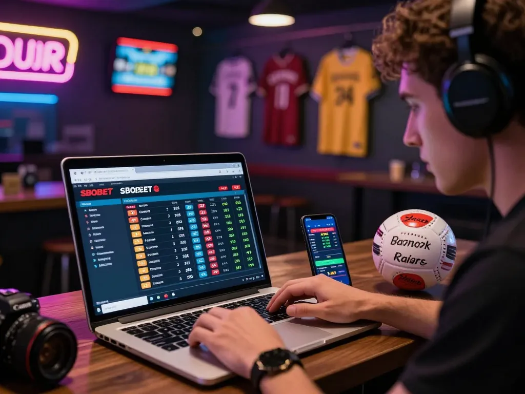 Engaged bettor analyzing SBOBET odds and betting lines on a vibrant sportsbook interface.