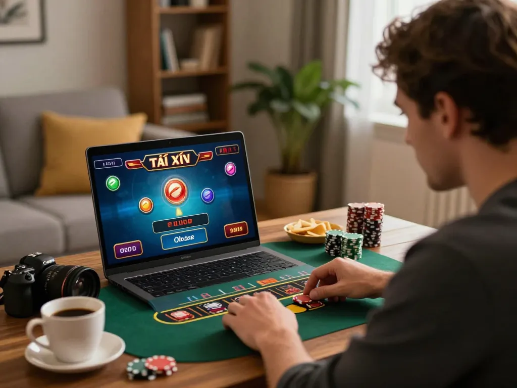 Tài xỉu online gameplay at home, player focused on making strategic bets in a cozy setting.