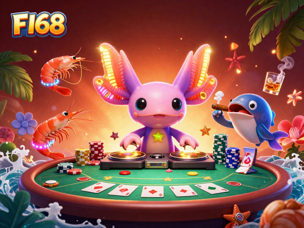 Experience the electrifying atmosphere of F168 with neon axolotl DJ and vibrant poker action.