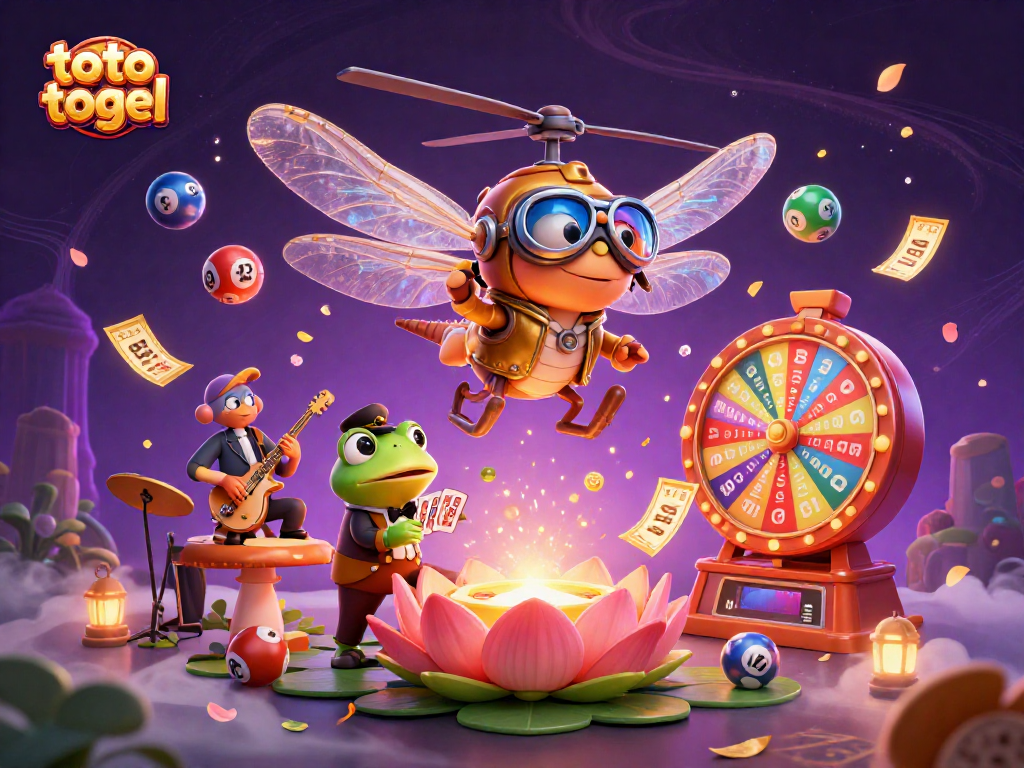 Join the excitement of toto togel with a lively scene of colorful lottery balls and enchanting characters