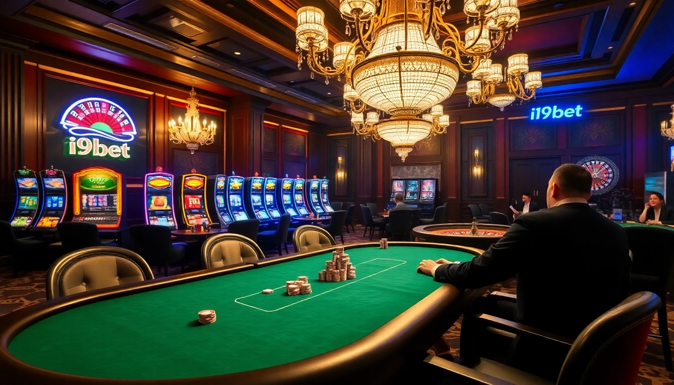 I9bet players enjoying a vibrant poker game at an upscale casino table, featuring colorful chips and a roulette wheel.