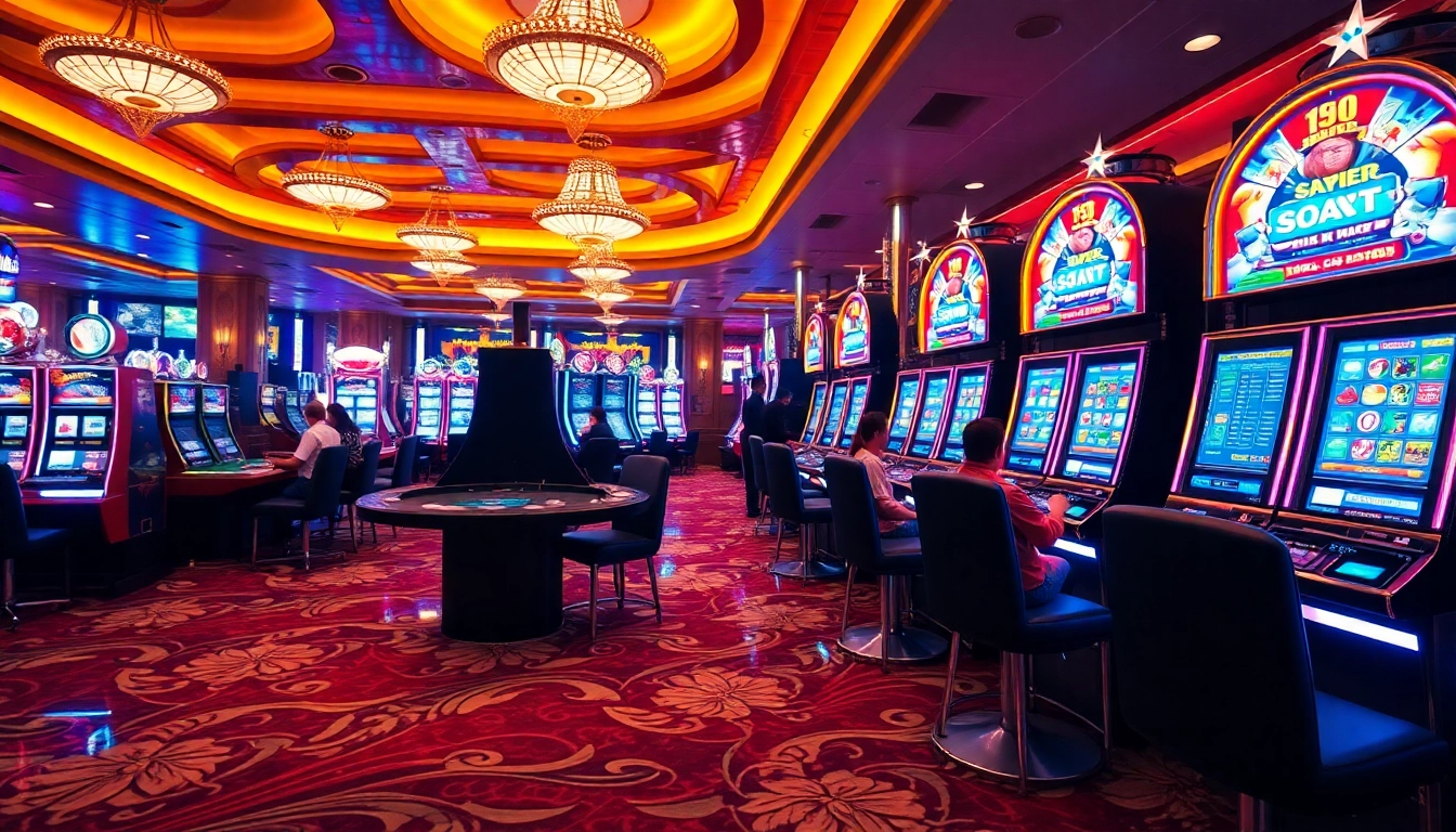 Players enjoying vibrant slot machines in a luxurious casino environment.