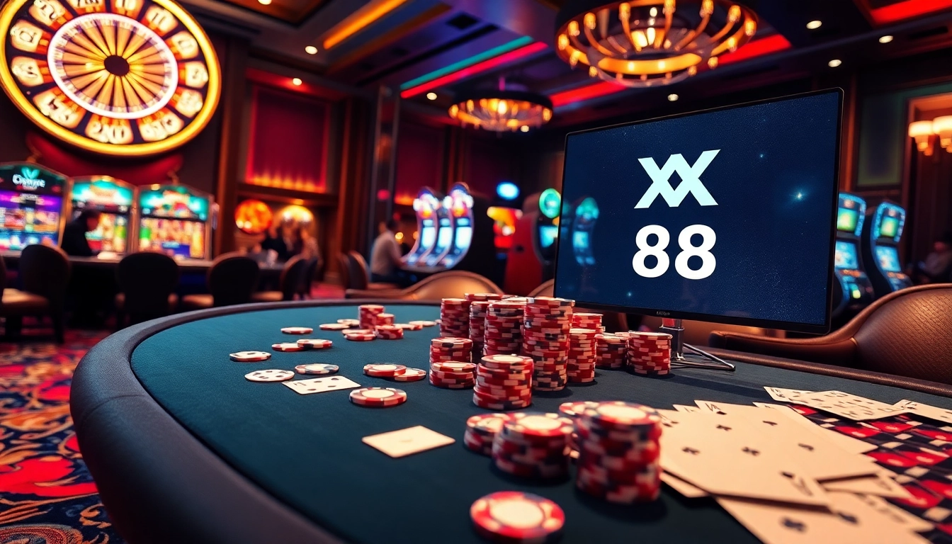Excited gamblers play poker at a luxury casino with XX 88 branding visible.