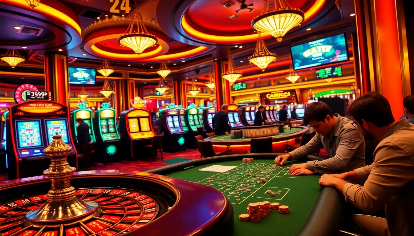 Excited players at 789P gambling at high-stakes poker and roulette tables in a luxurious casino atmosphere.
