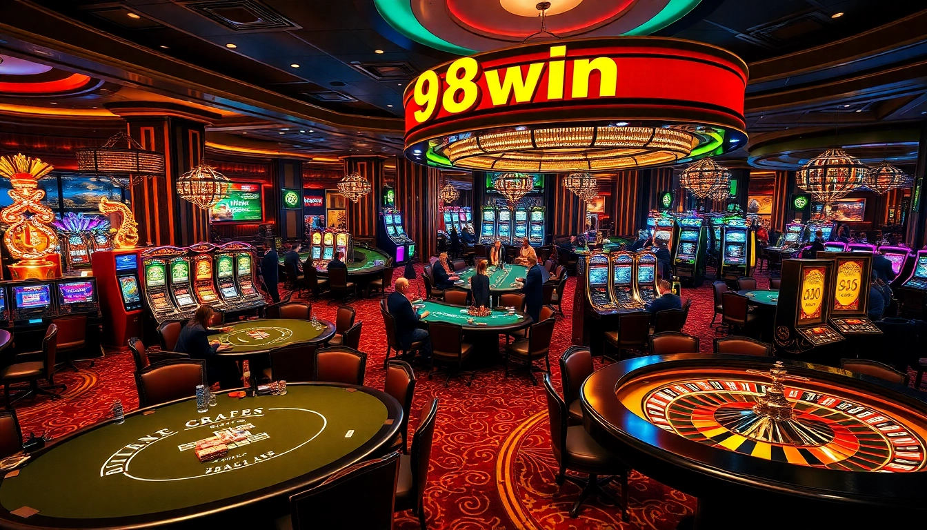 Experience the excitement of casino gaming with 98win's vibrant atmosphere featuring roulette and poker games.