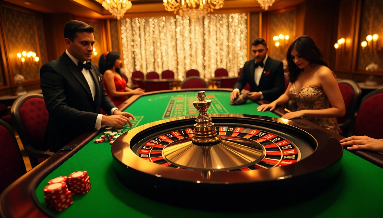 Giải mã giấc mơ at a lively casino, where players enjoy a roulette game amidst luxurious decor.