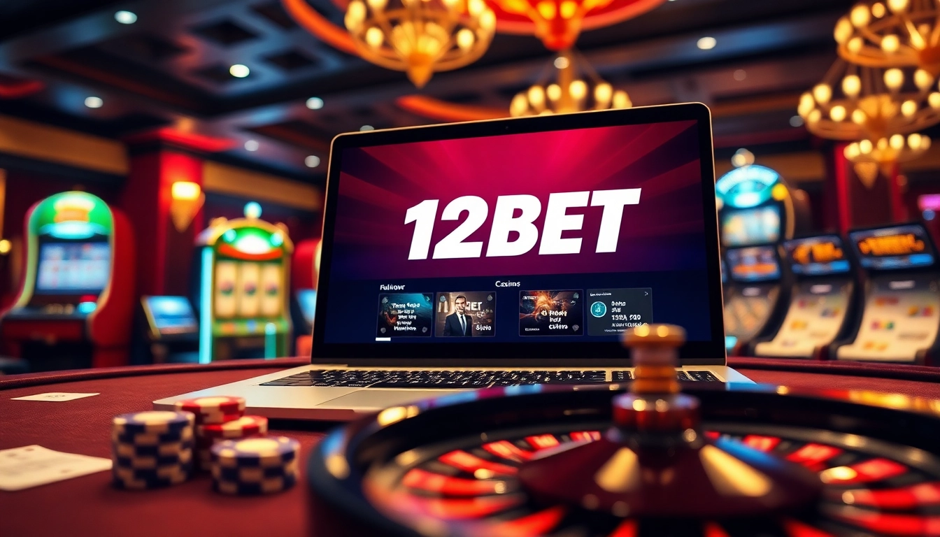 Exciting gameplay at 12BET online casino with roulette and poker chips in a vibrant setting.