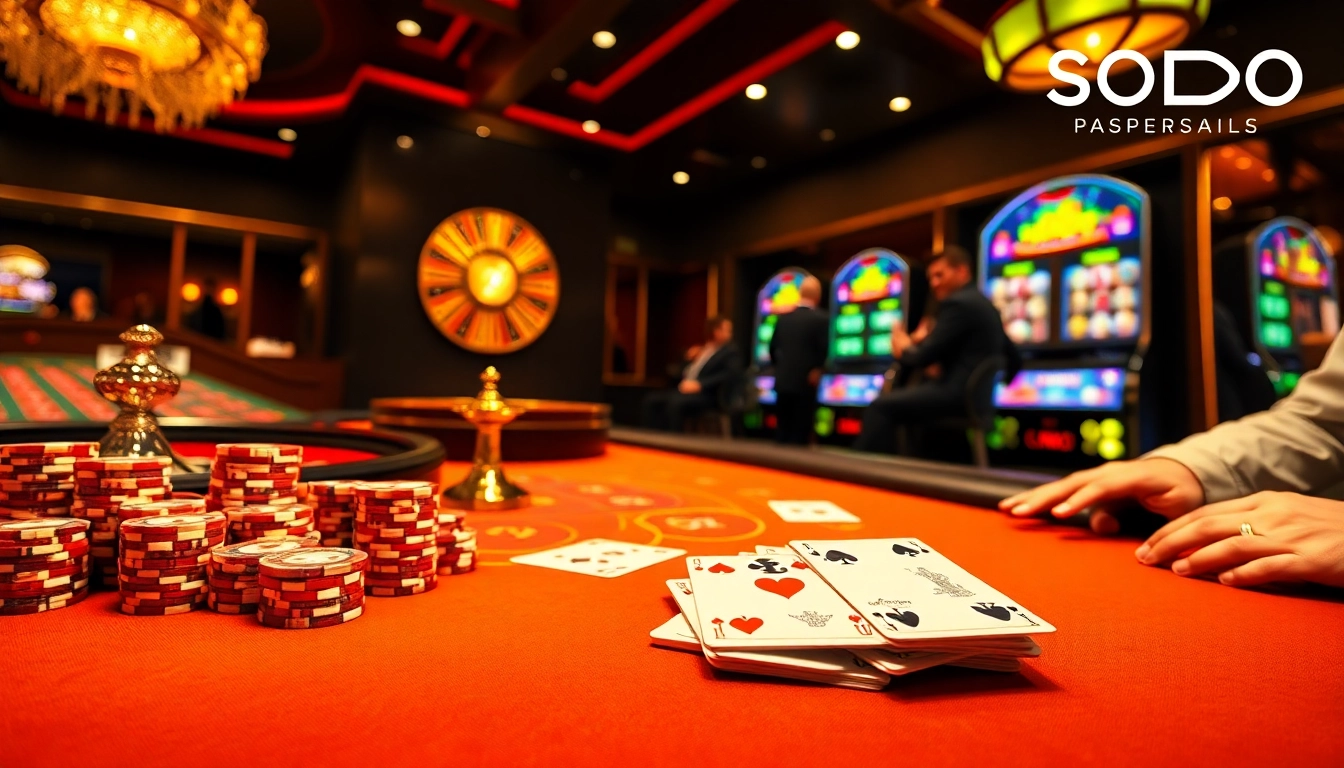 SODO casino enthusiasts enjoying an engaging game of poker with chips and cards.