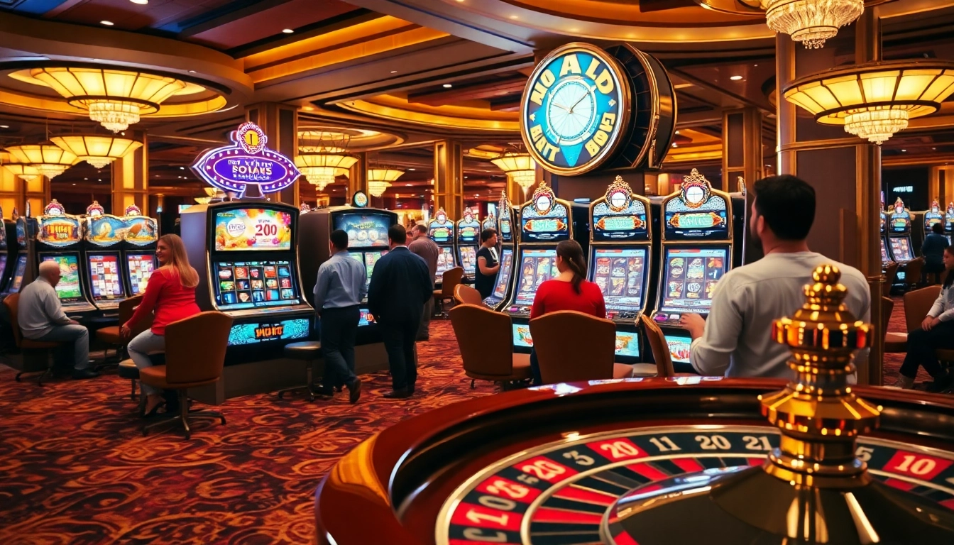 Players excitedly spinning slots at a luxury casino, showcasing vibrant slot machines.