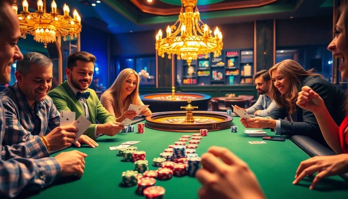 The thrilling ambiance of a lively casino scene featuring poker tables and roulette at https://b52gamee.com/, showcasing excitement and high stakes.