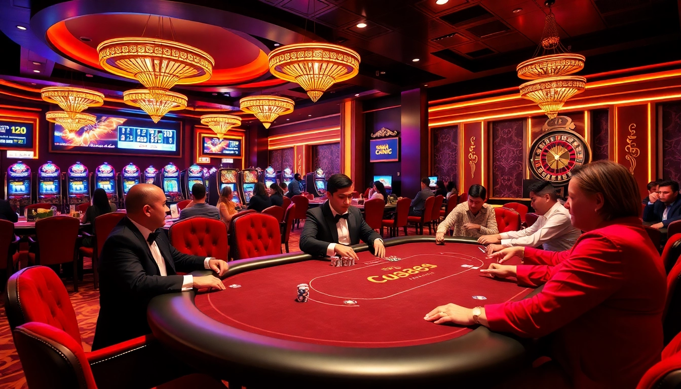 Engaged players at Nhà Cái GO88 enjoying luxury casino games with vibrant lights.