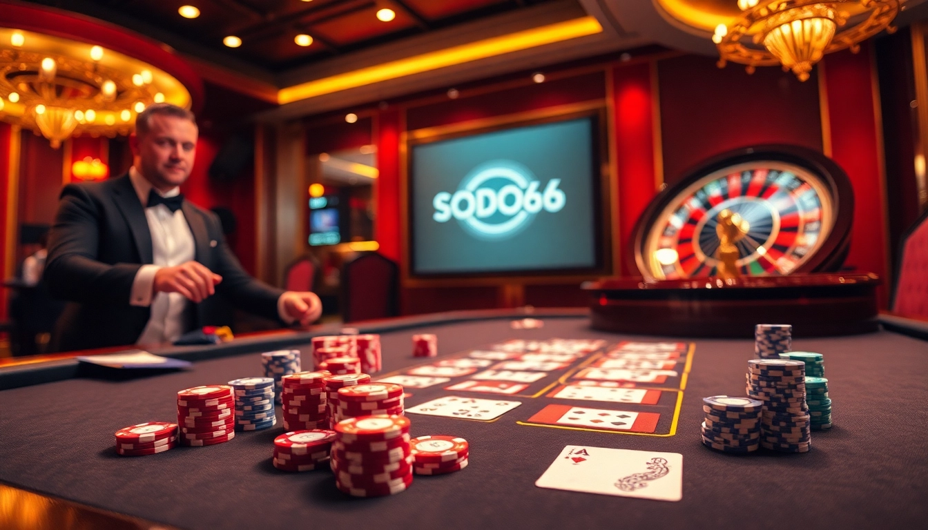 Gamblers enjoying a vibrant game of poker at SODO66 Casino with luxurious elements.