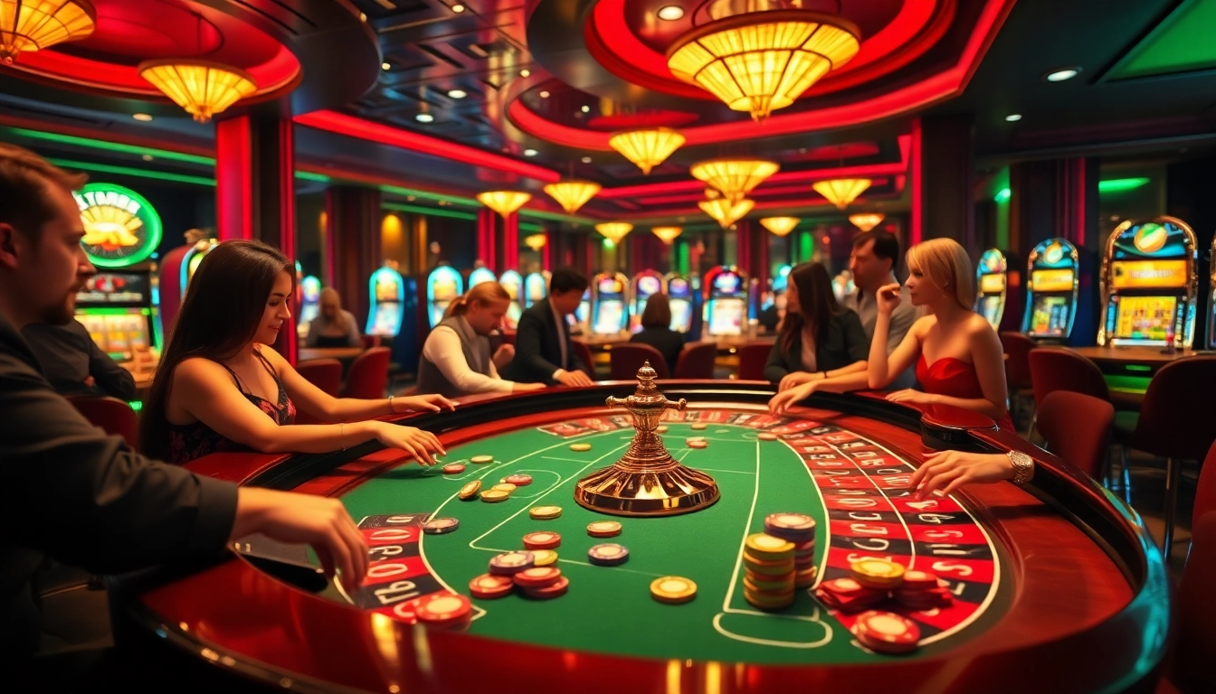 Players enjoying a thrilling roulette game at NEO79 casino, showcasing excitement and luxury.