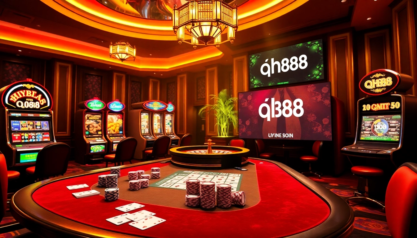 Experience the thrilling ambiance of qh88 with vibrant casino elements and exciting gaming action.