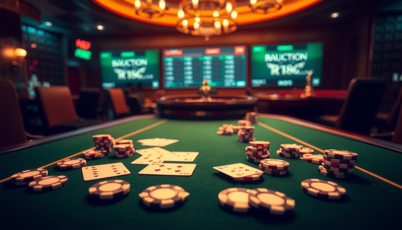 Experience high-stakes gambling with RR88 auction's luxurious poker table and roulette wheel.