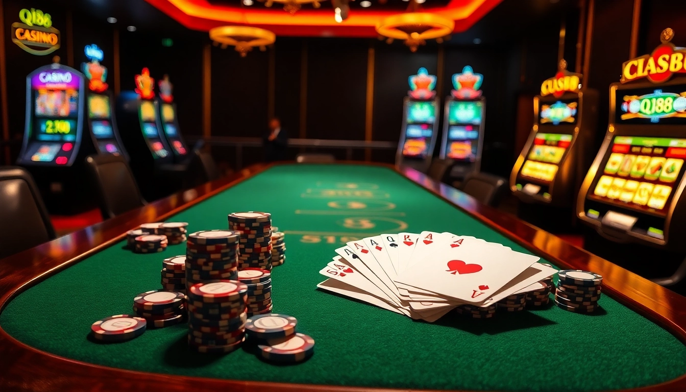 Players enjoying a thrilling moment at a qh88 casino table with poker chips and cards.