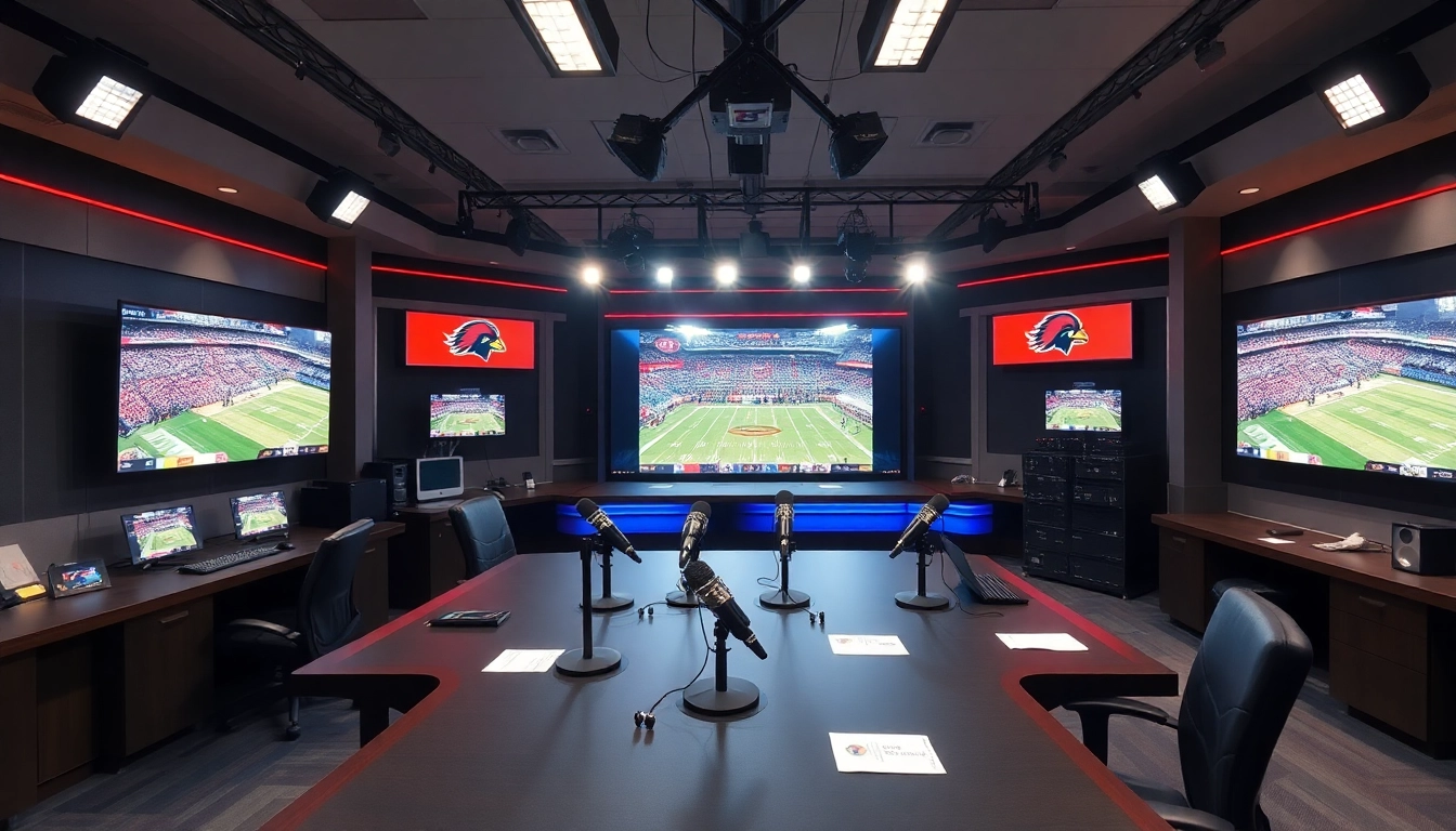 Dynamic setup for Sports Broadcasting with live footage and vibrant team graphics.