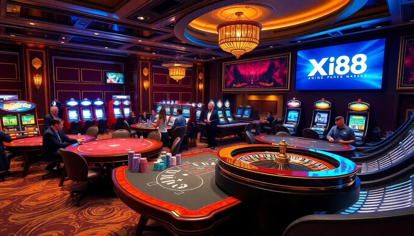 Experience lively gameplay at Xin88 casino with vibrant tables, chips, and engaging gamblers.
