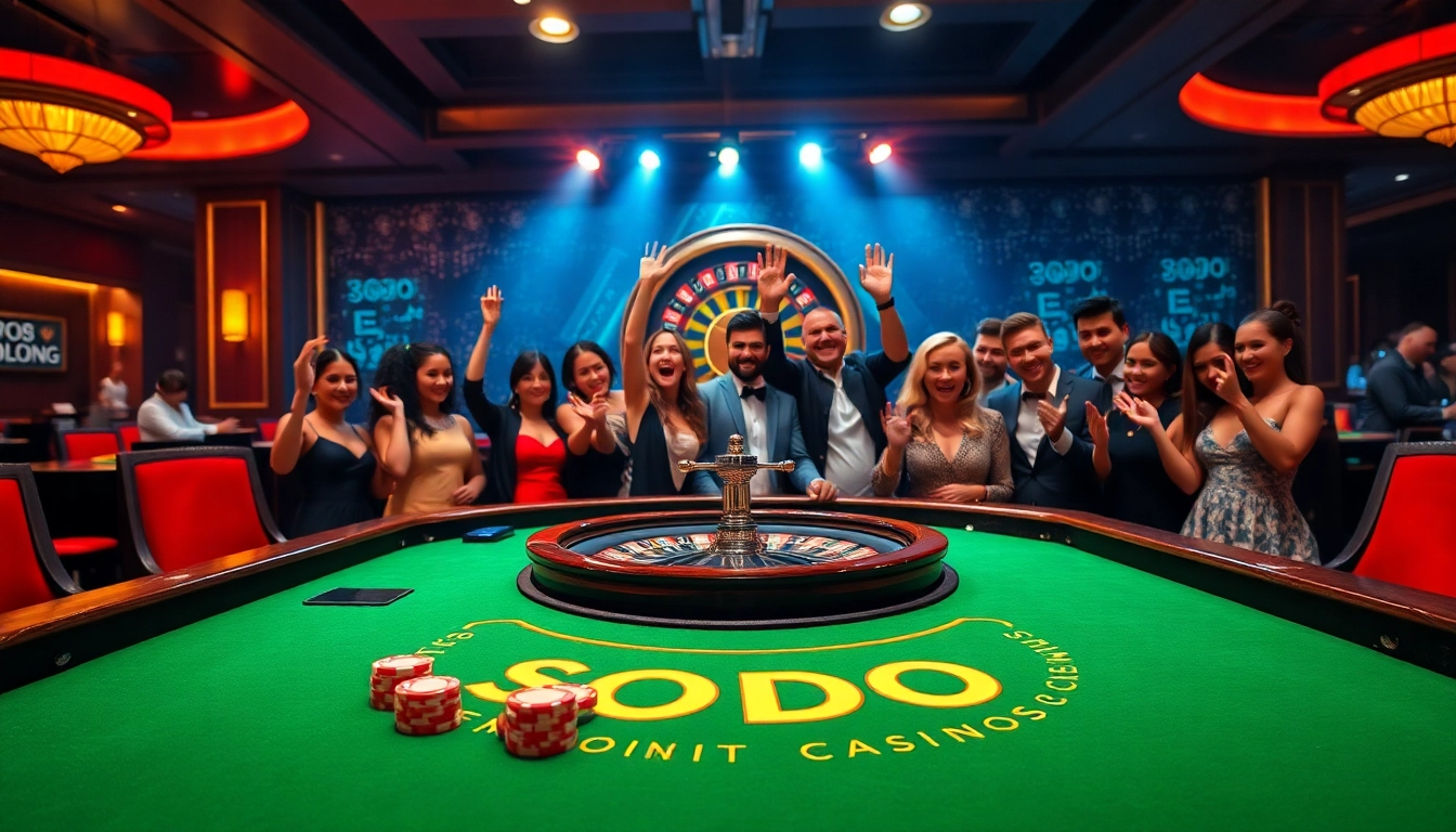 Players celebrating a win at SODO Casino with vibrant gambling elements.