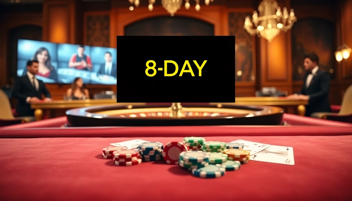 Experience the thrill of 8DAY gaming with vibrant poker chips and a roulette wheel in a luxurious casino setting.