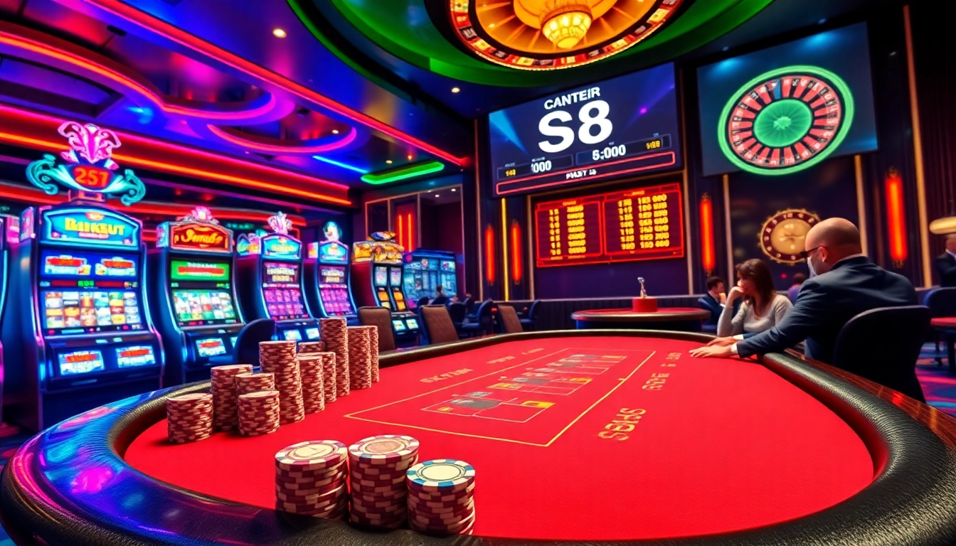 Engaging players at the S8 poker table in a vibrant casino setting.