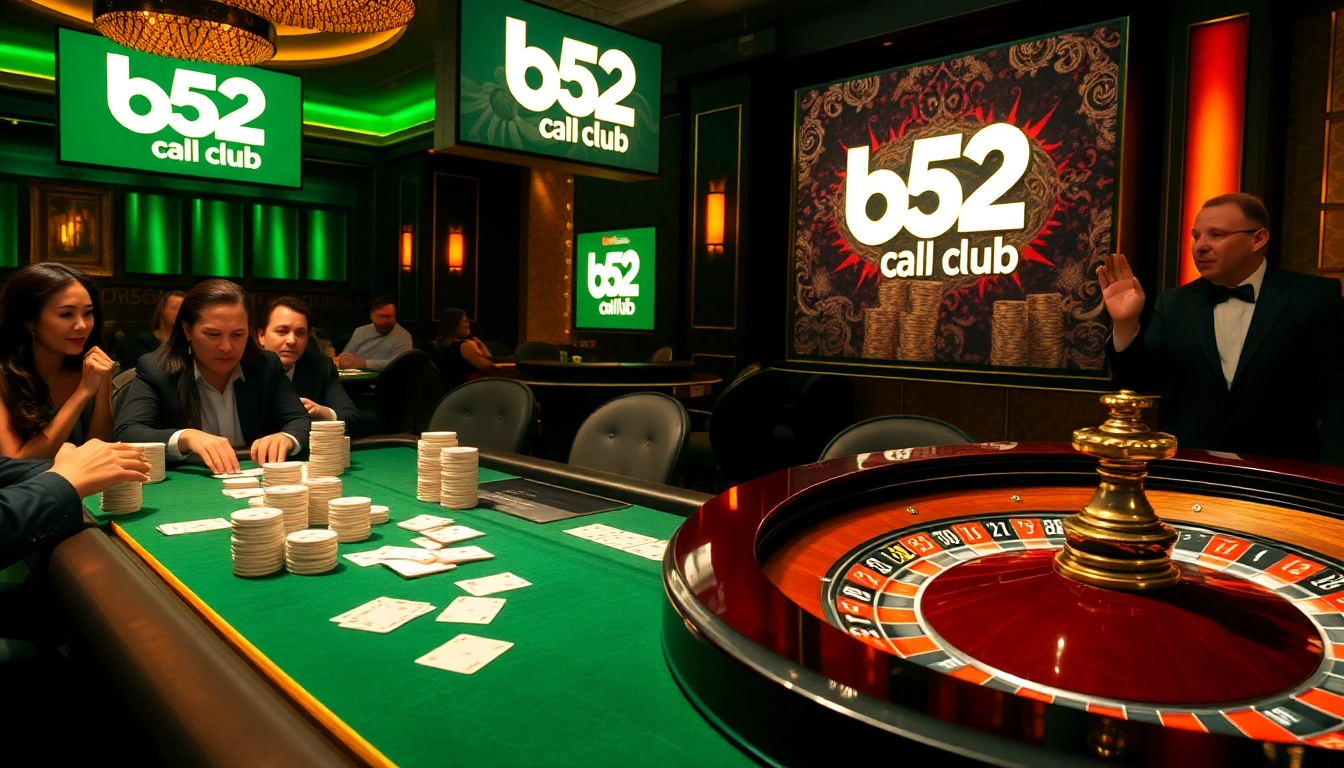 Players enjoying a lively game at the b52 club's luxurious poker table with vibrant casino elements.