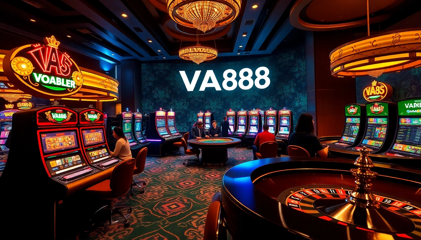 Exciting online casino atmosphere featuring VA88 gaming with vibrant slot machines and poker tables.