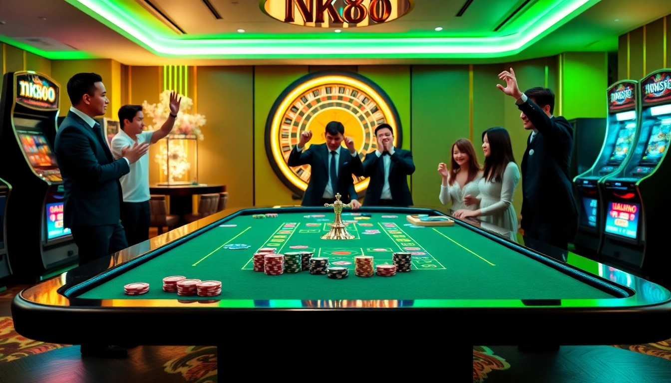 Excited players at NK88 casino, celebrating wins at a vibrant gaming table.