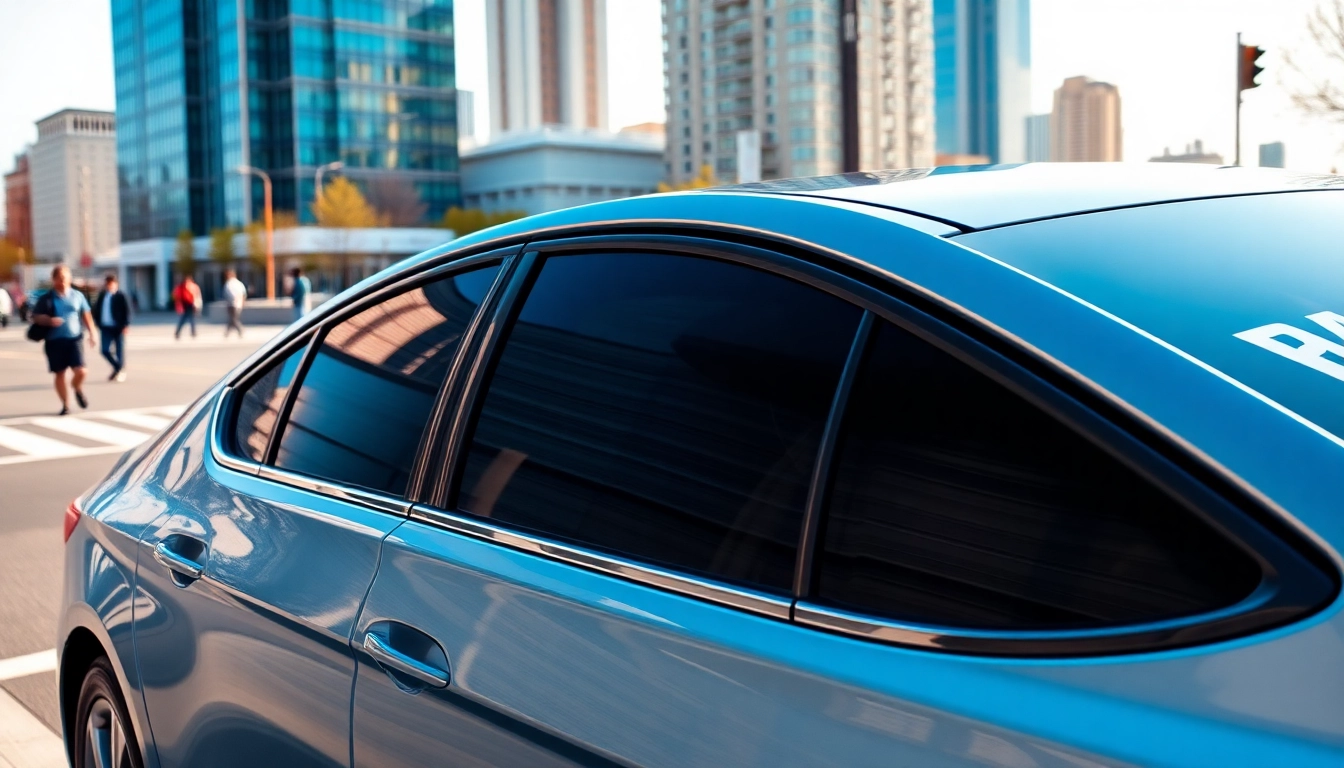 Discover premium window tint near me on a sleek vehicle against an urban backdrop.