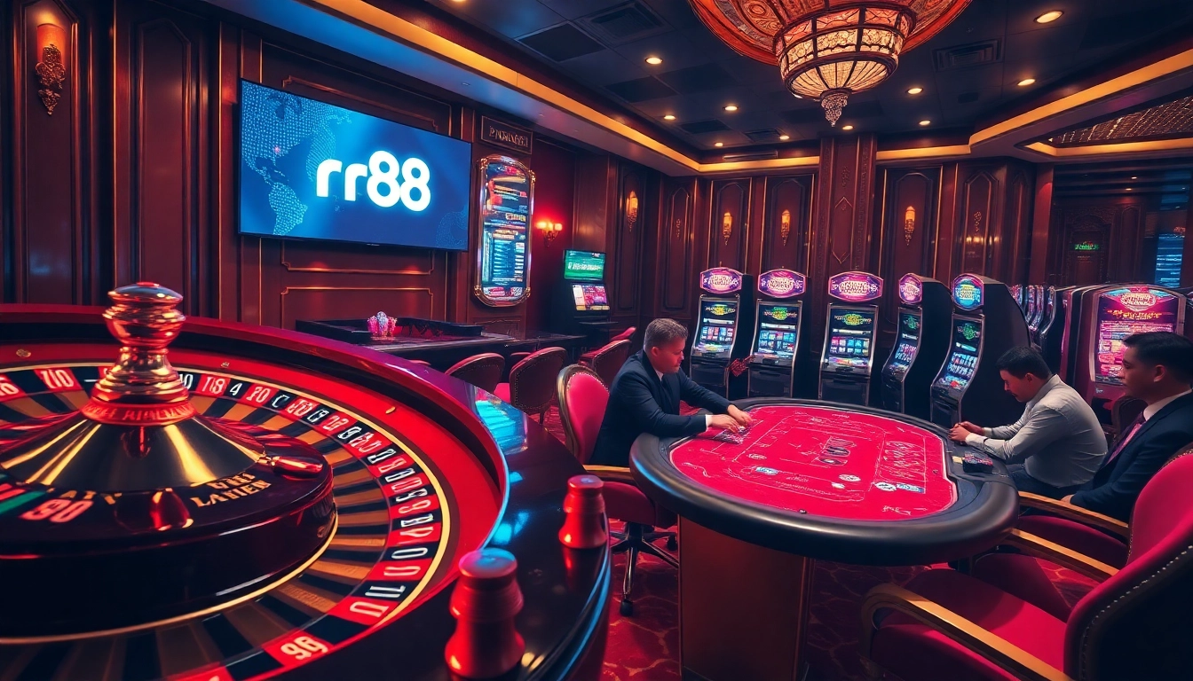 Engaging players at a casino table with the rr88 link emblem, highlighting excitement and strategy.